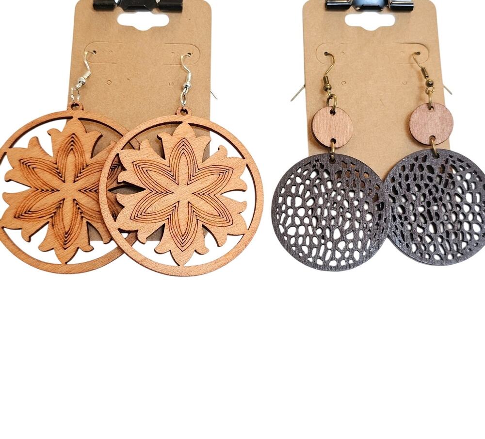 Wood Dangle Earrings Round Cutout Lightweight Floral Boho Pierced Jewelry 2 Pair